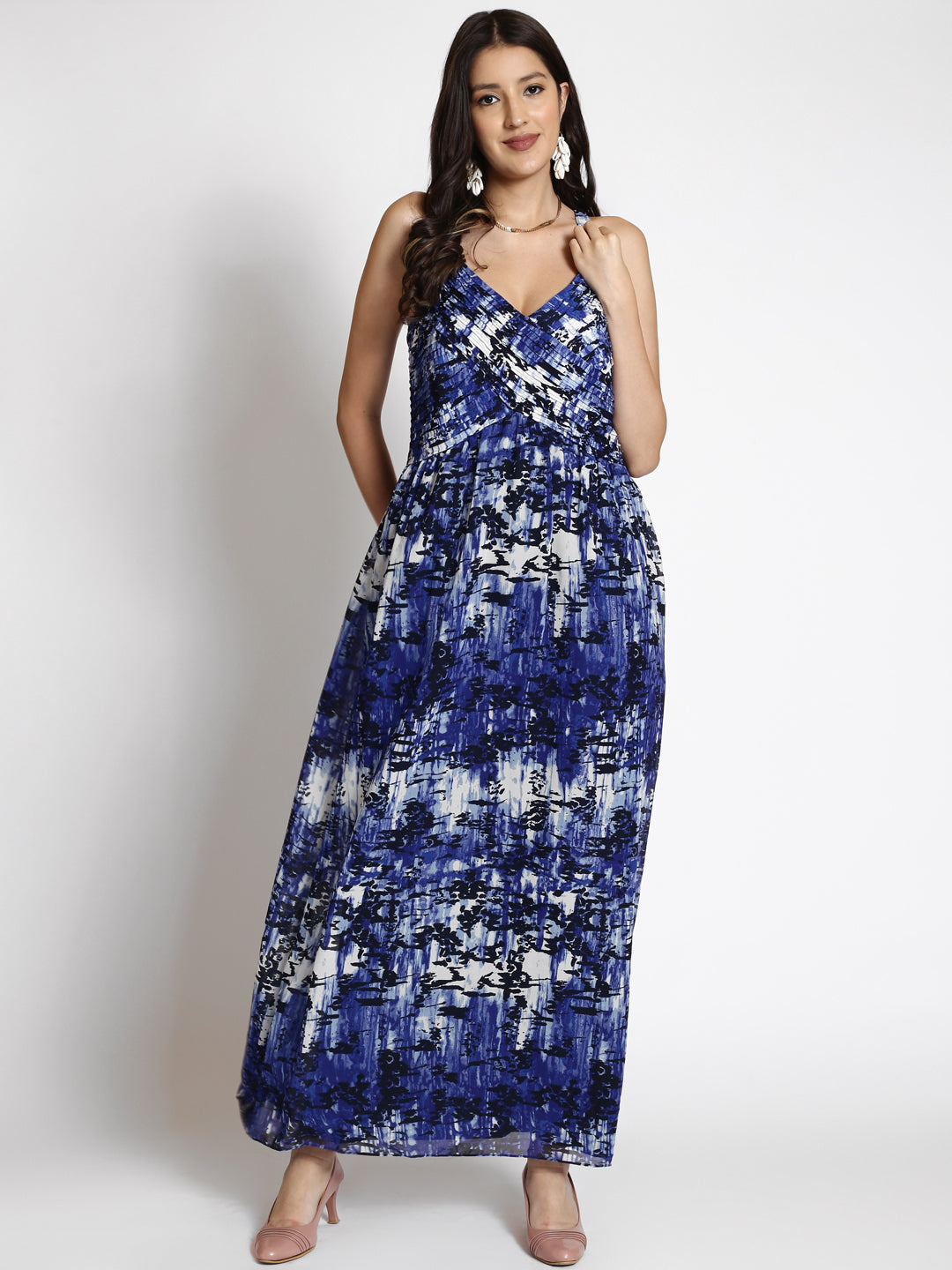 Abstract Printed Shoulder Strap Neck Maxi Dress