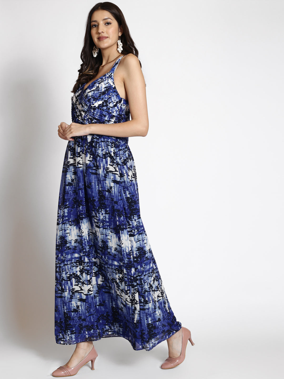 Abstract Printed Shoulder Strap Neck Maxi Dress