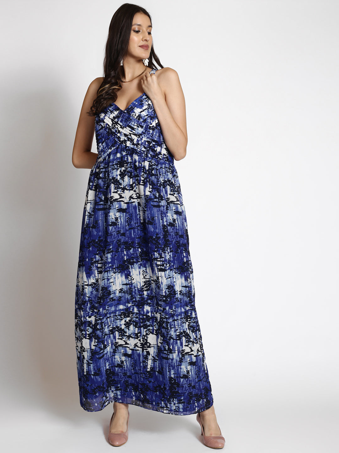 Abstract Printed Shoulder Strap Neck Maxi Dress