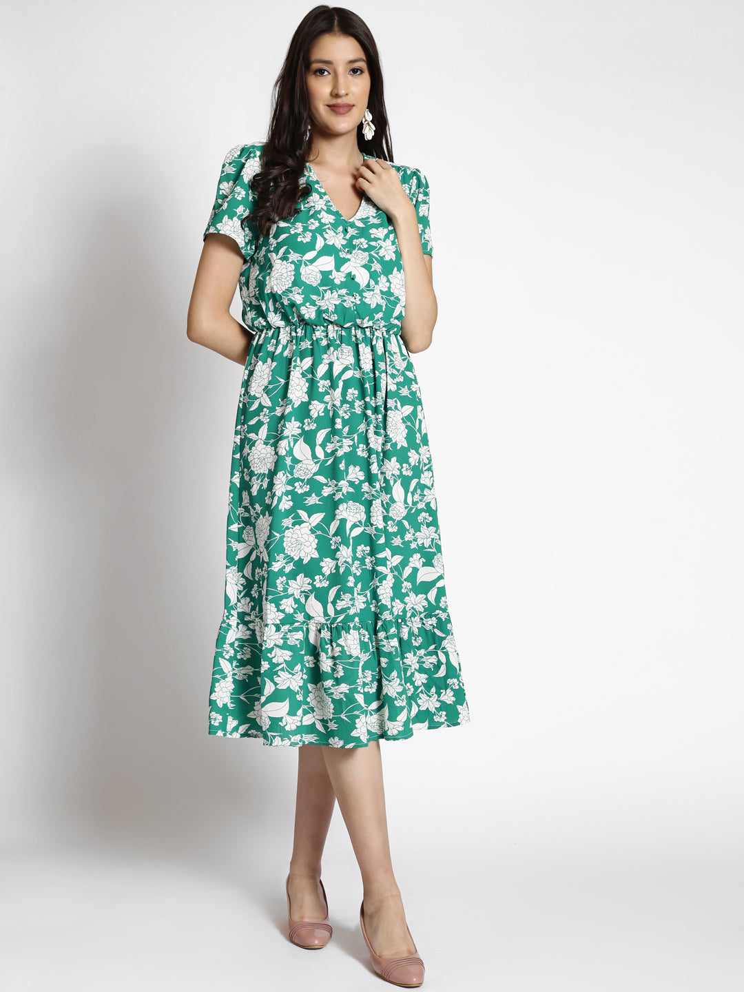 Floral Printed V-Neck Georgette Fit & Flare Midi Dress