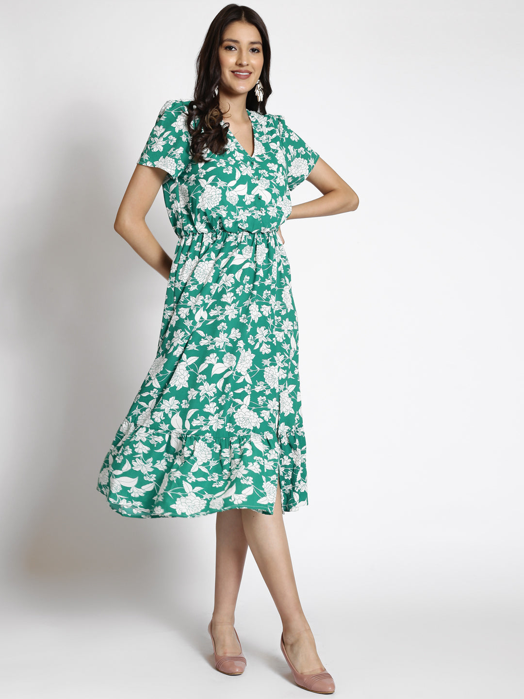 Floral Printed V-Neck Georgette Fit & Flare Midi Dress