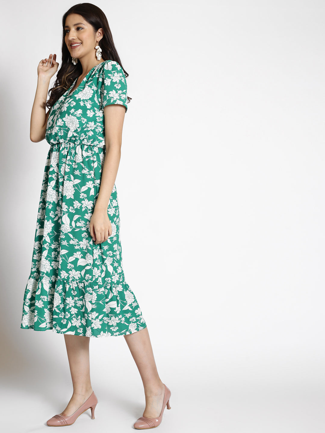 Floral Printed V-Neck Georgette Fit & Flare Midi Dress