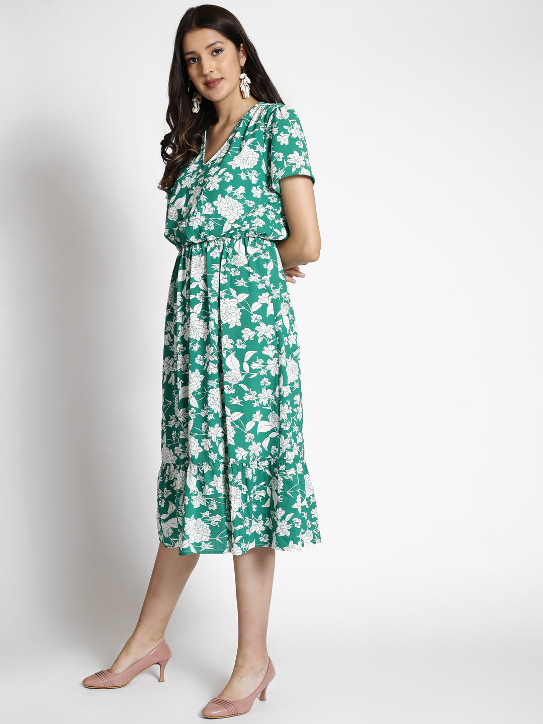 Floral Printed V-Neck Georgette Fit & Flare Midi Dress