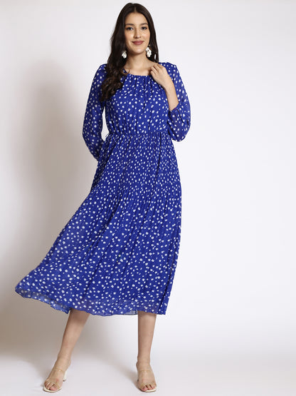 Polka Dot Printed Gathered Georgette Fit & Flare Midi Dress