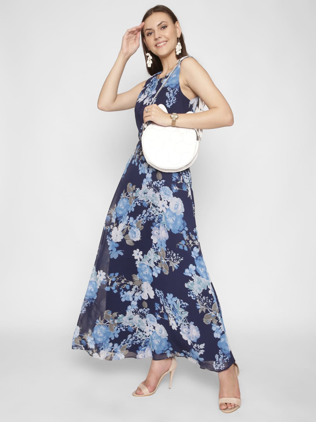 Blue Fit & Floral Maxi Dress