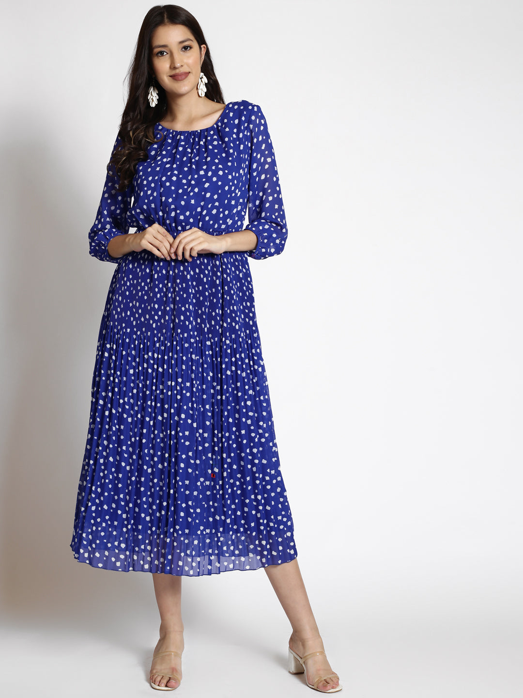 Polka Dot Printed Gathered Georgette Fit & Flare Midi Dress