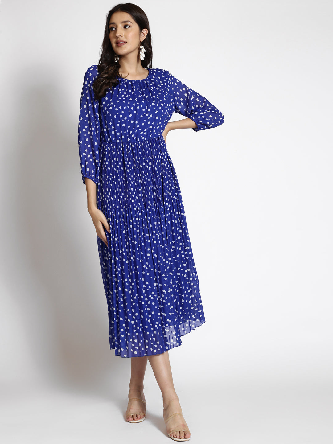 Polka Dot Printed Gathered Georgette Fit & Flare Midi Dress