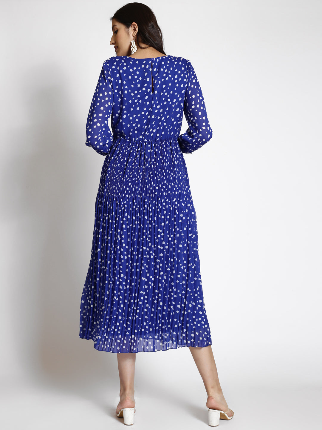 Polka Dot Printed Gathered Georgette Fit & Flare Midi Dress