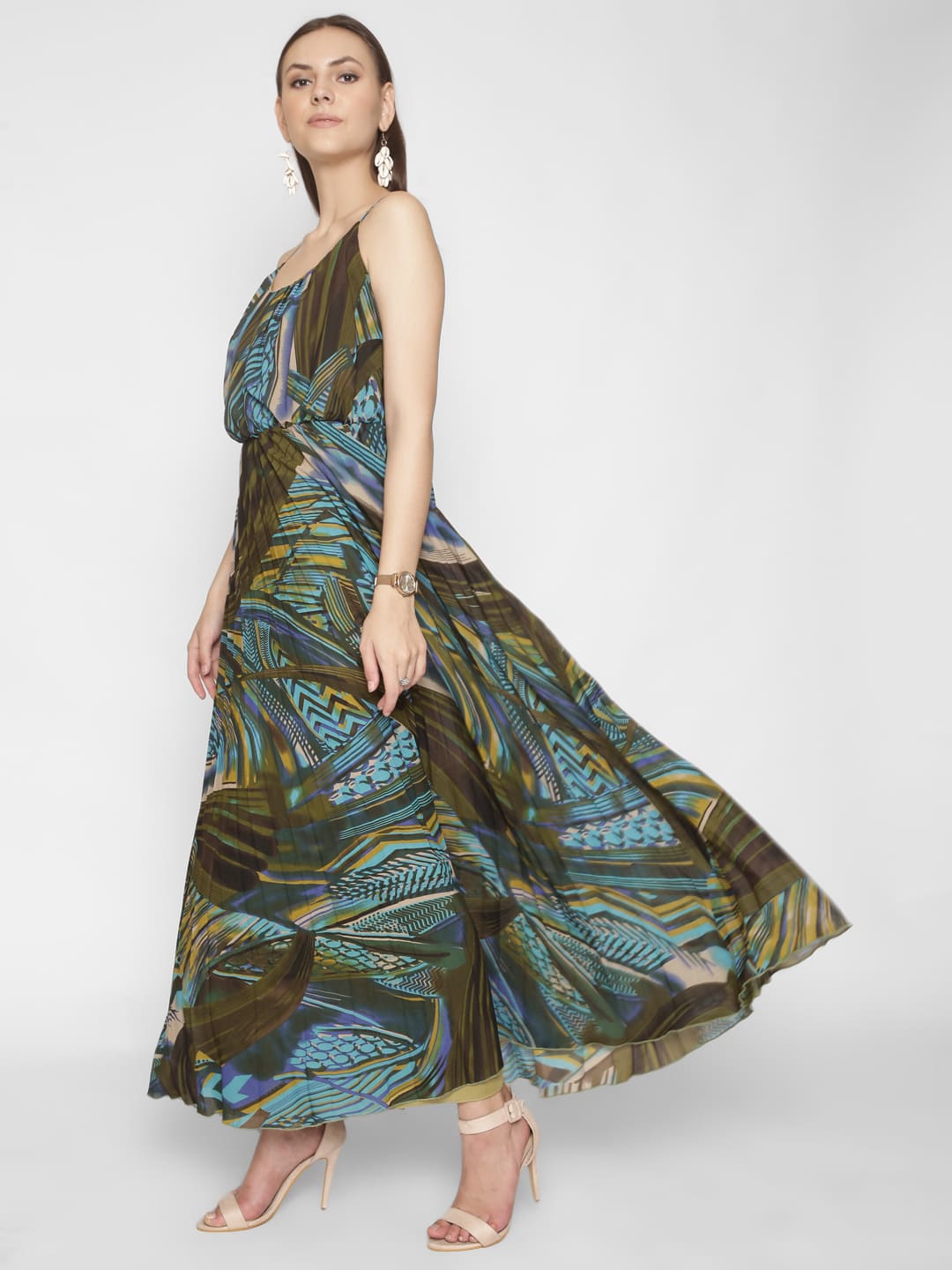 Strappy Olive Floral Printed Maxi Dress