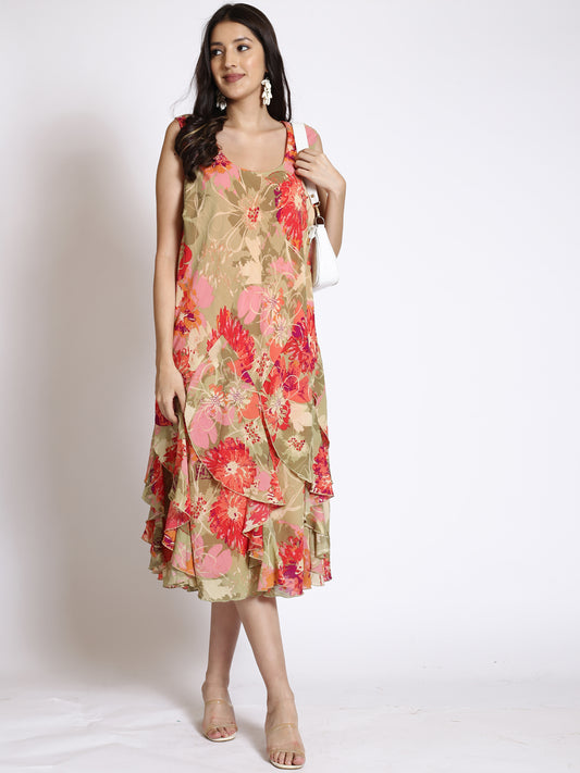 Floral Printed Asymmetric Hem A-Line Midi Dress