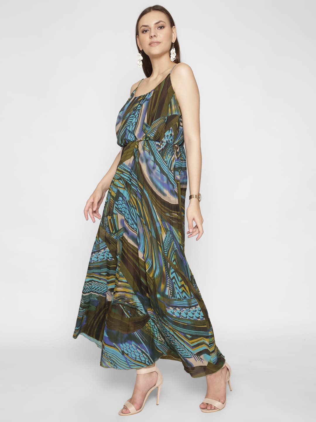 Strappy Olive Floral Printed Maxi Dress