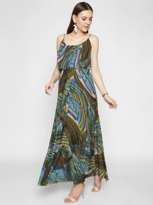 Strappy Olive Floral Printed Maxi Dress