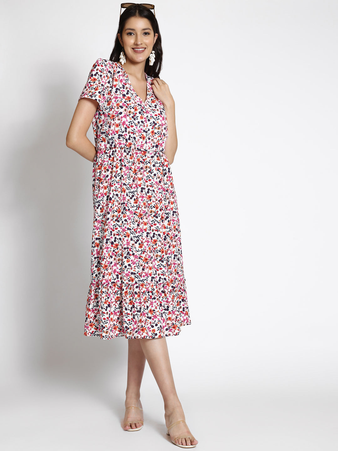 Floral Printed V-Neck Georgette Midi Dress