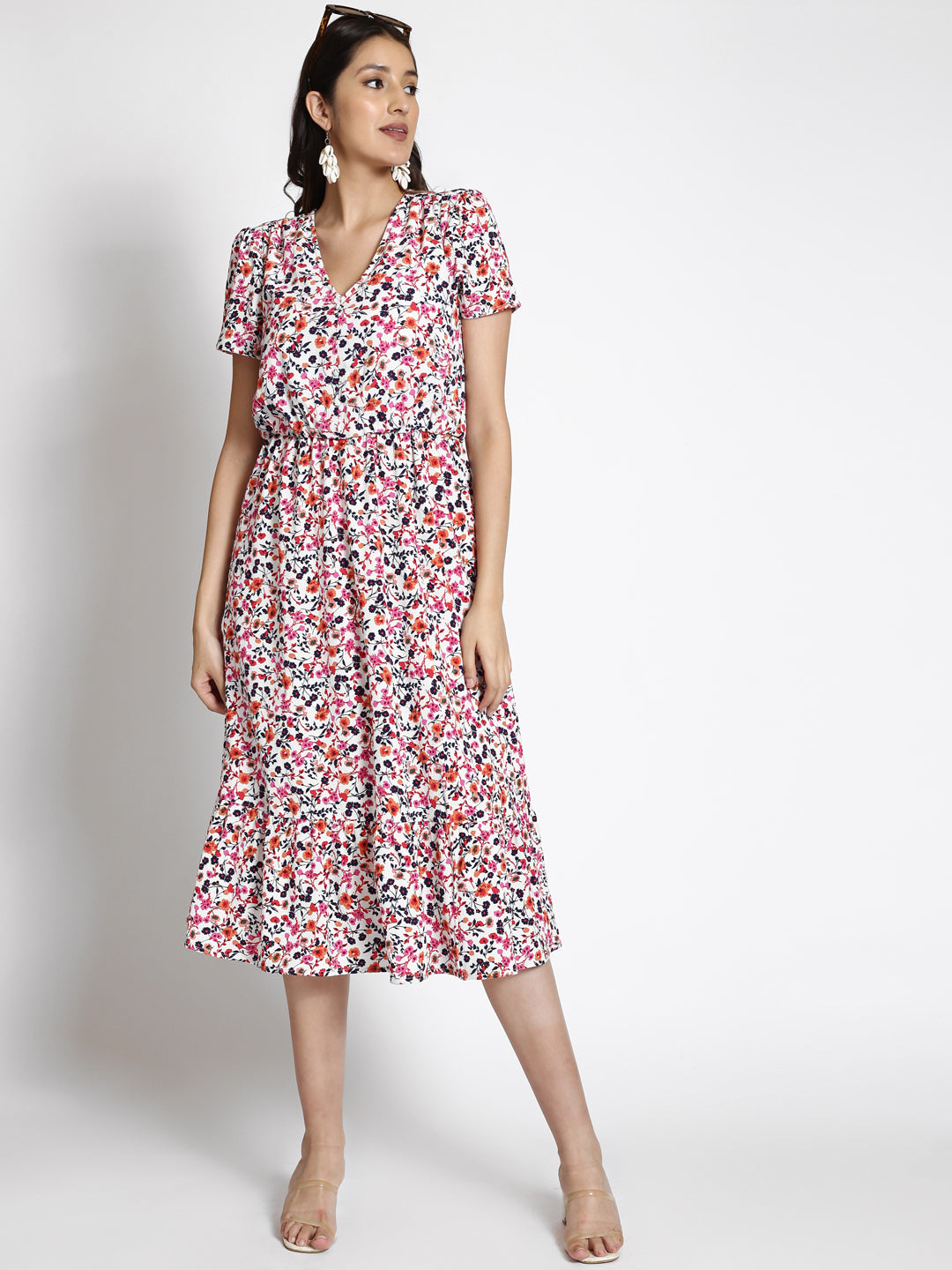 Floral Printed V-Neck Georgette Midi Dress