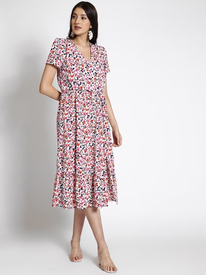 Floral Printed V-Neck Georgette Midi Dress