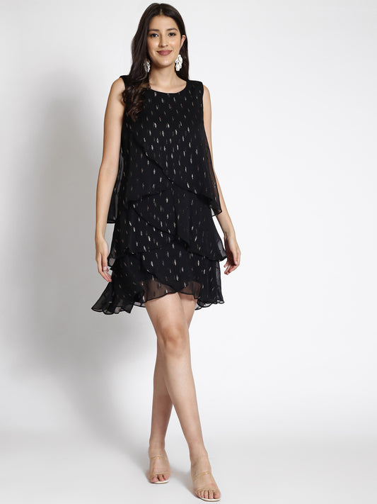 Embroidered Layered Georgette A-Line Dress