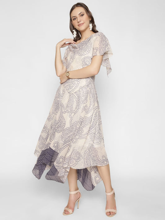 Asymmetric Paisley Print Cowl Neck Knee Length Dress