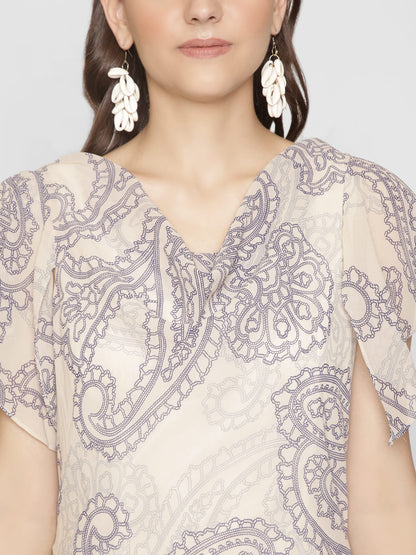 Asymmetric Paisley Print Cowl Neck Knee Length Dress