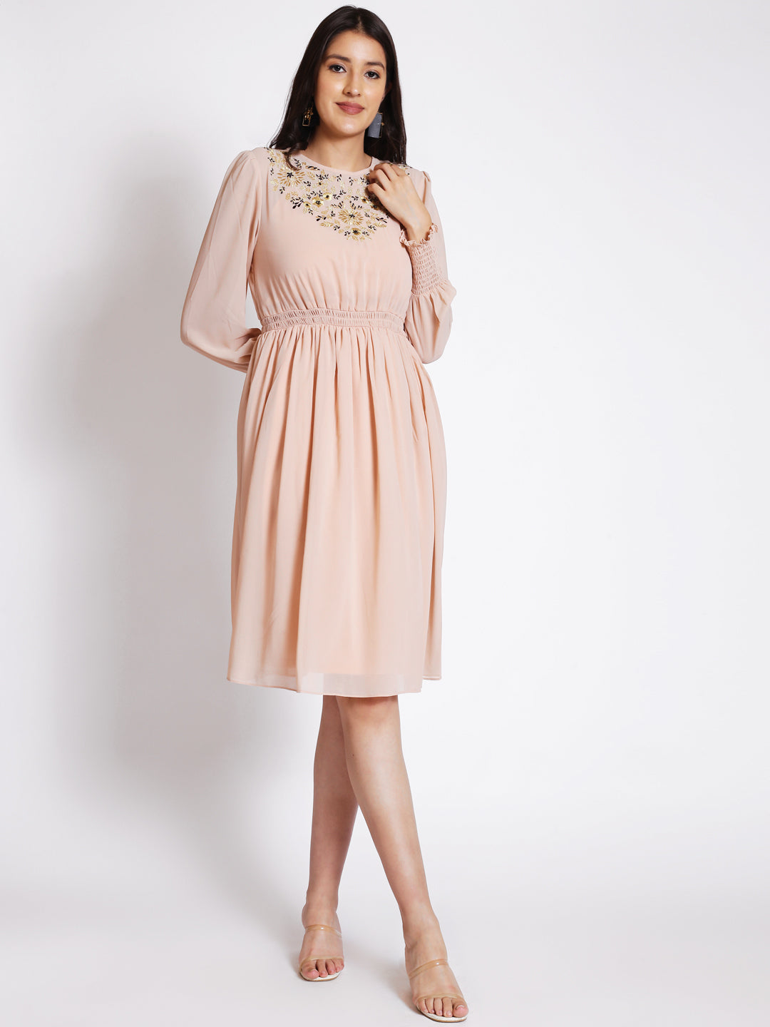 Puff Sleeves Embroidered Fit & Flare Dress