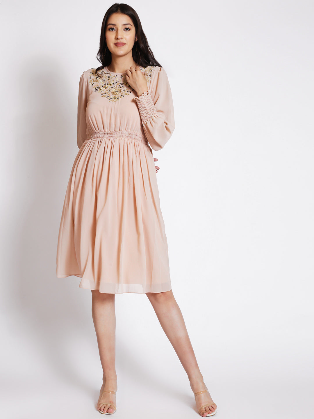 Puff Sleeves Embroidered Fit & Flare Dress