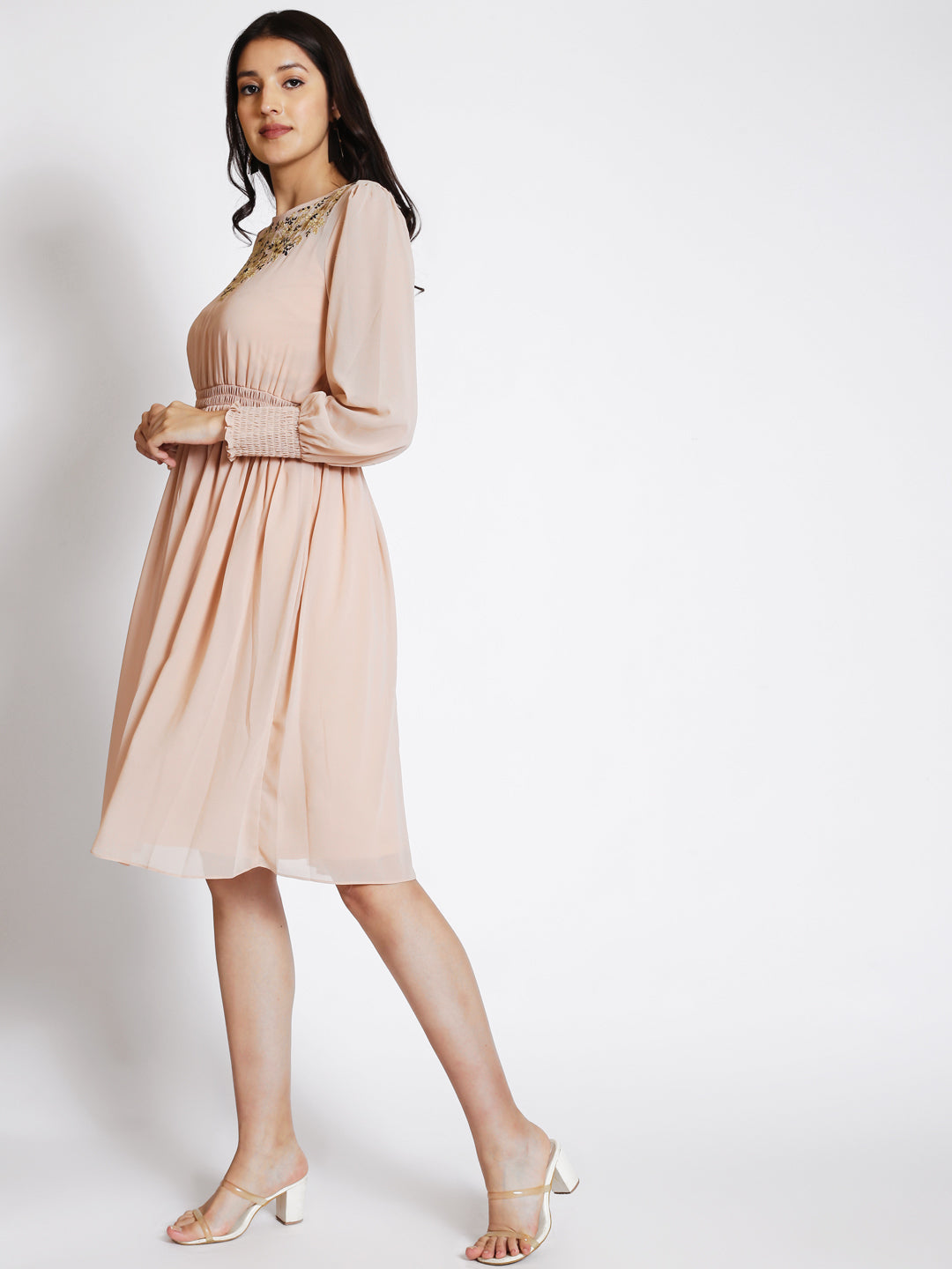 Puff Sleeves Embroidered Fit & Flare Dress