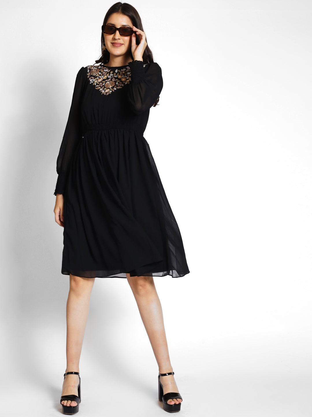 Puff Sleeves Embroidered Fit & Flare Dress