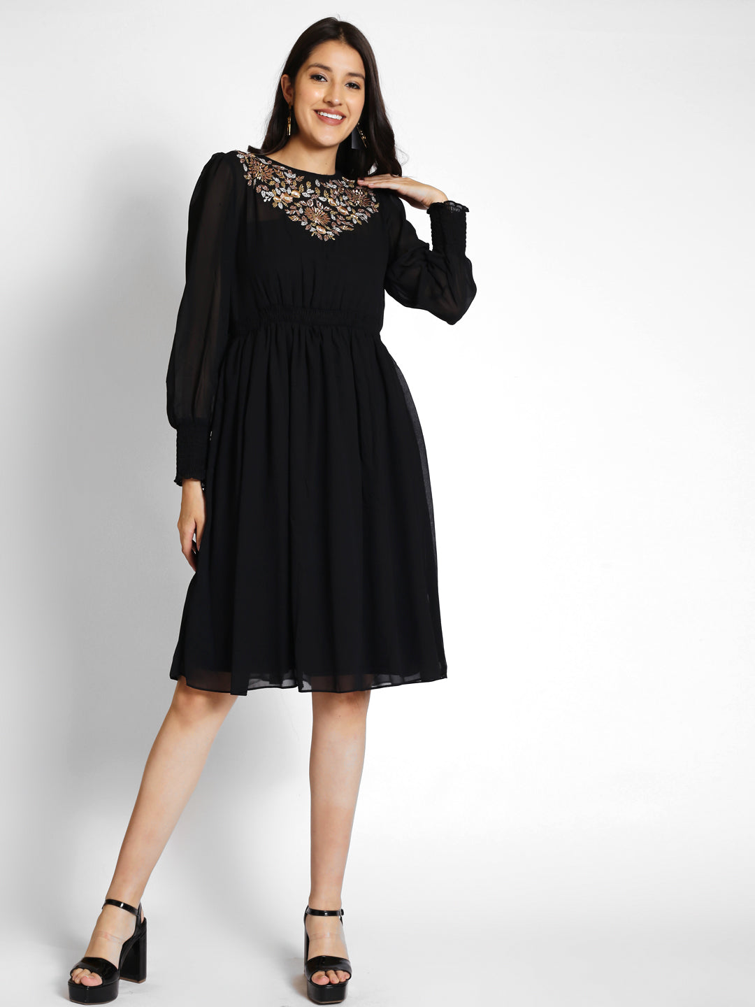 Puff Sleeves Embroidered Fit & Flare Dress