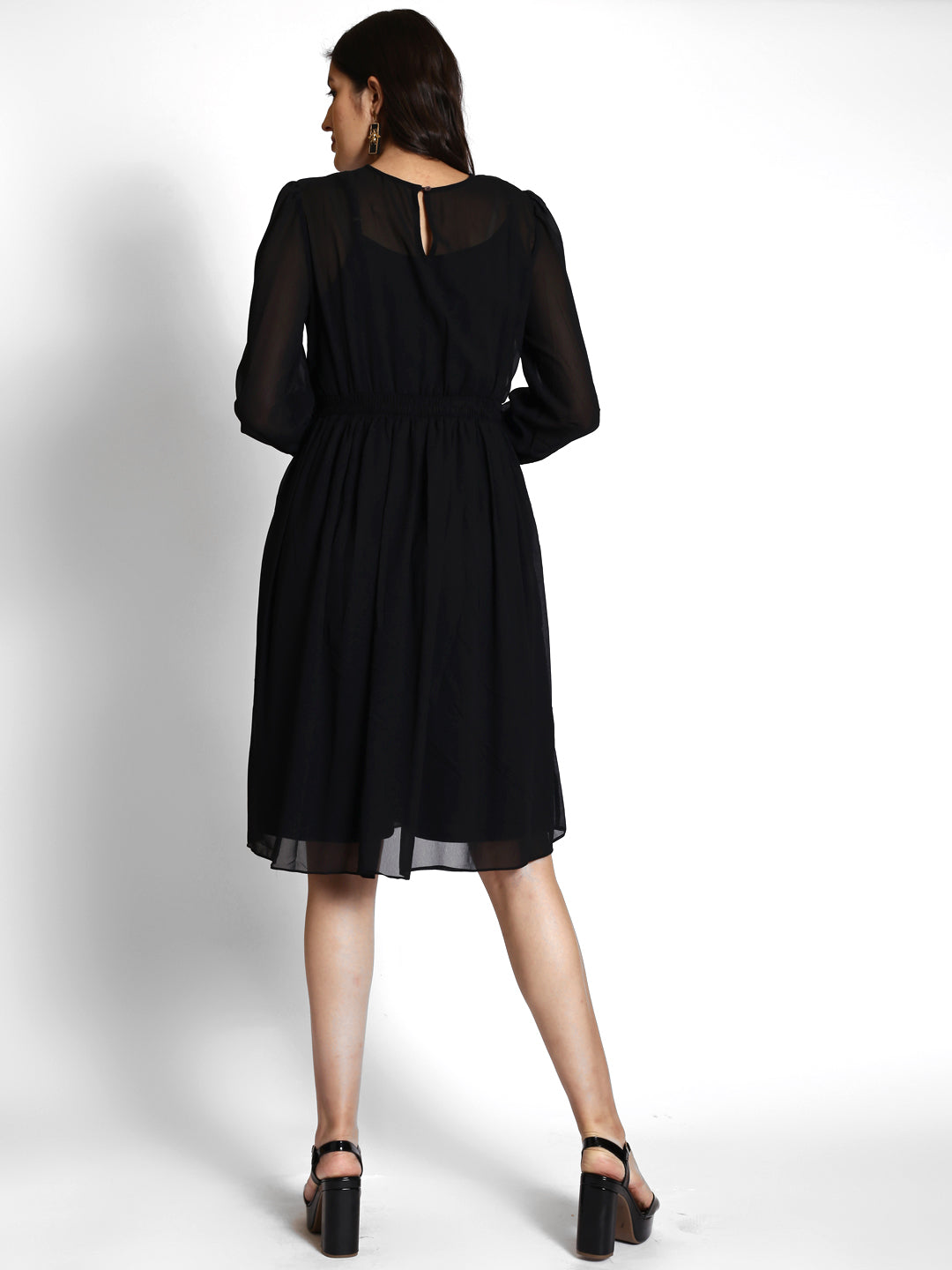 Puff Sleeves Embroidered Fit & Flare Dress