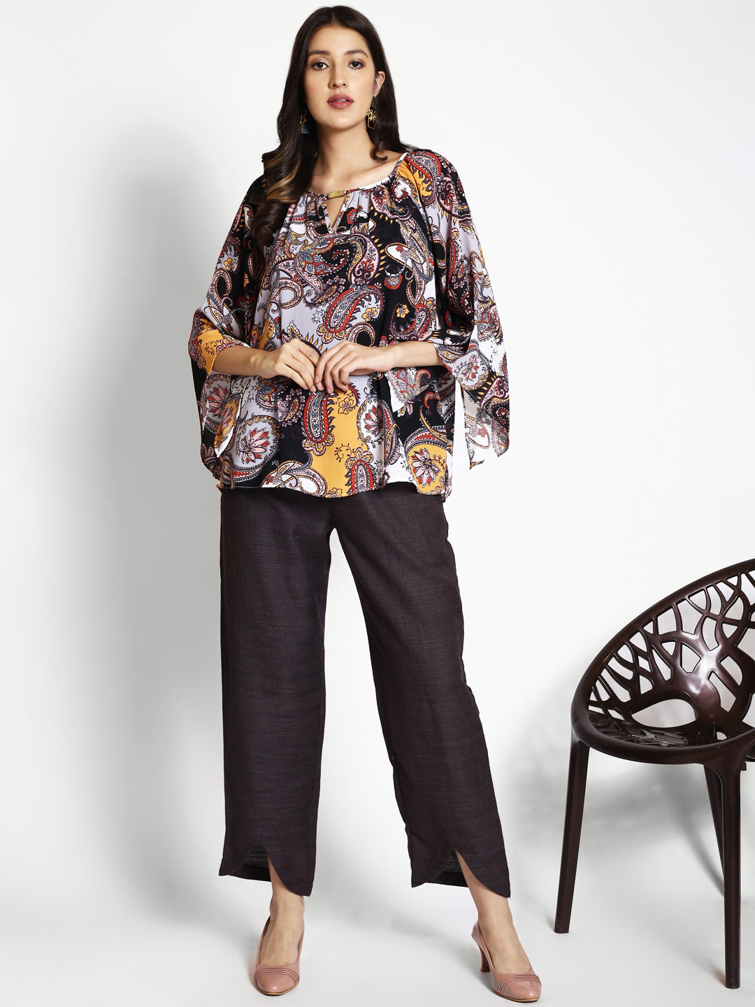 Ethnic Motifs Printed Keyhole Neck Flared Sleeves Gathered Detailed Top