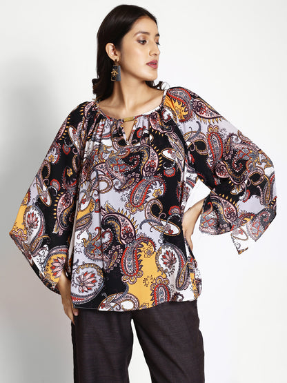 Ethnic Motifs Printed Keyhole Neck Flared Sleeves Gathered Detailed Top