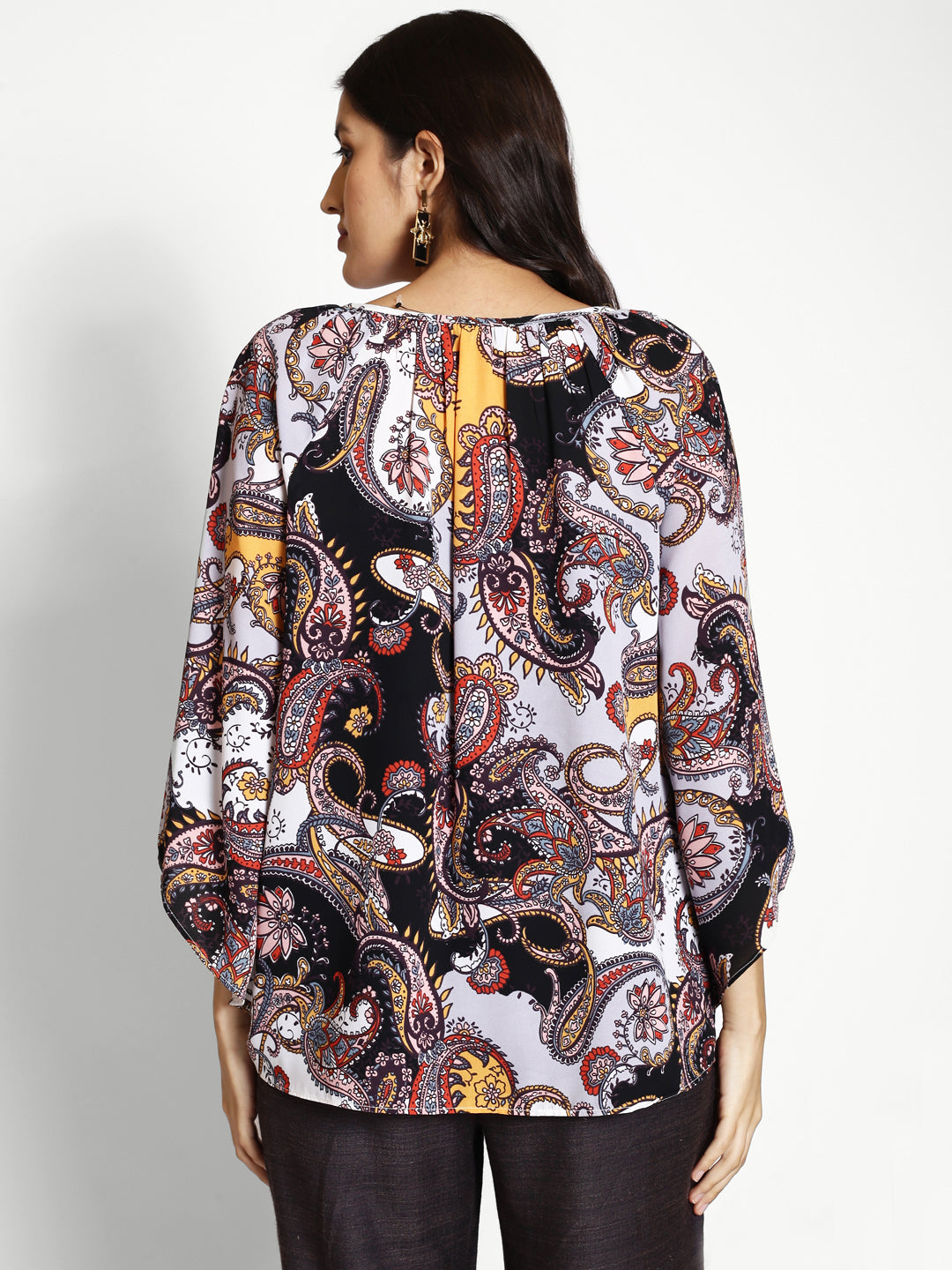 Ethnic Motifs Printed Keyhole Neck Flared Sleeves Gathered Detailed Top