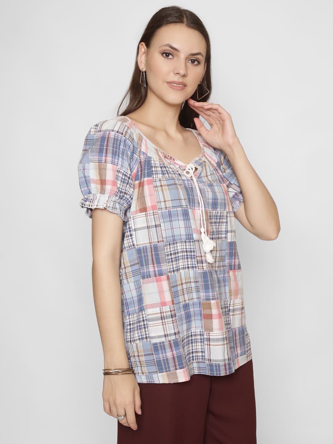 Checked Round-Neck Top with Tie-Up