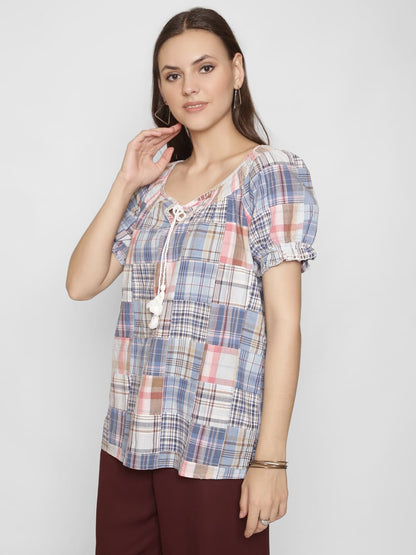 Checked Round-Neck Top with Tie-Up