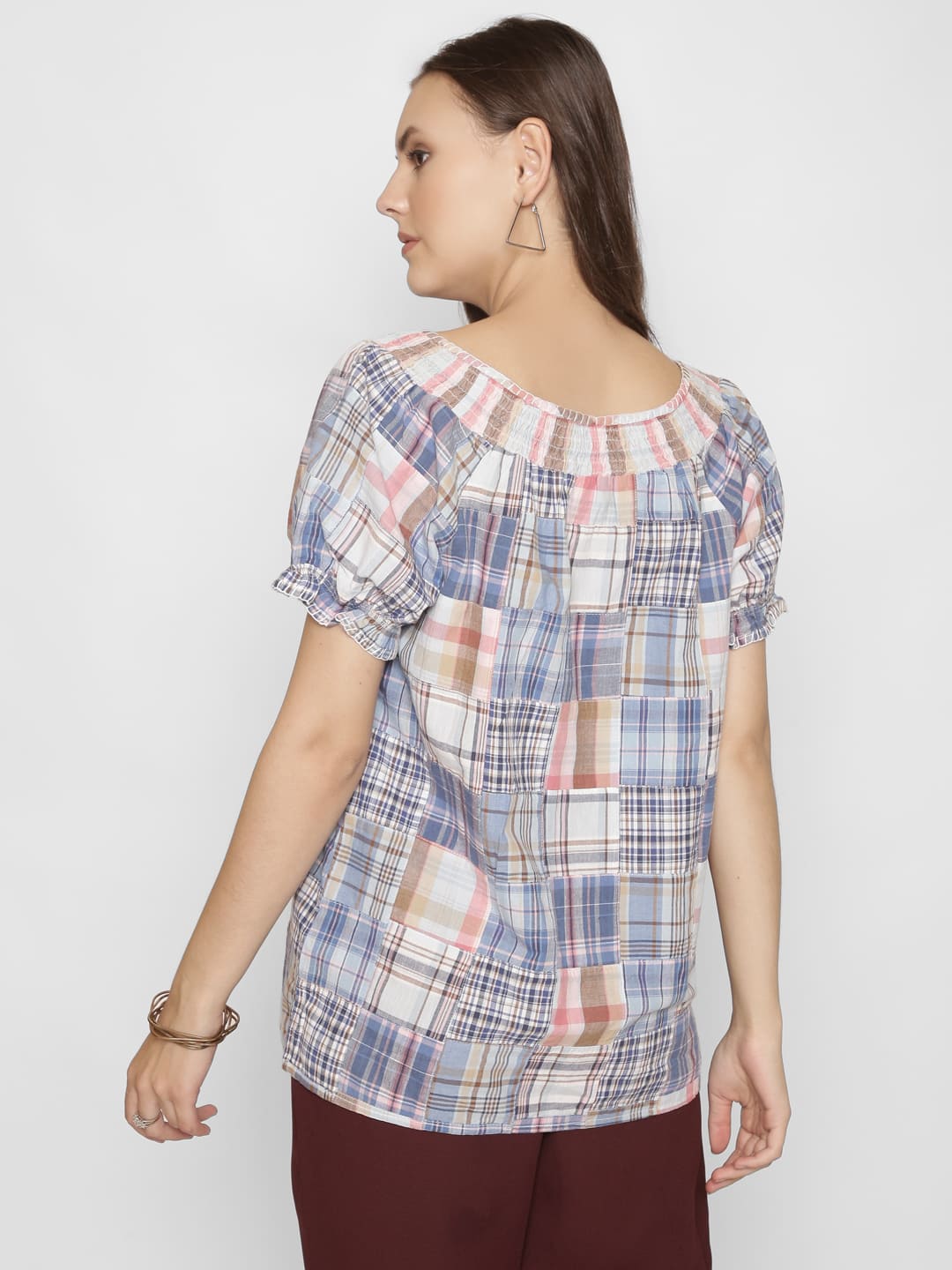 Checked Round-Neck Top with Tie-Up