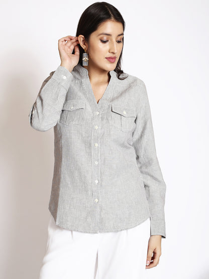 Pinstriped Mandarin Collar Cotton Casual Shirt