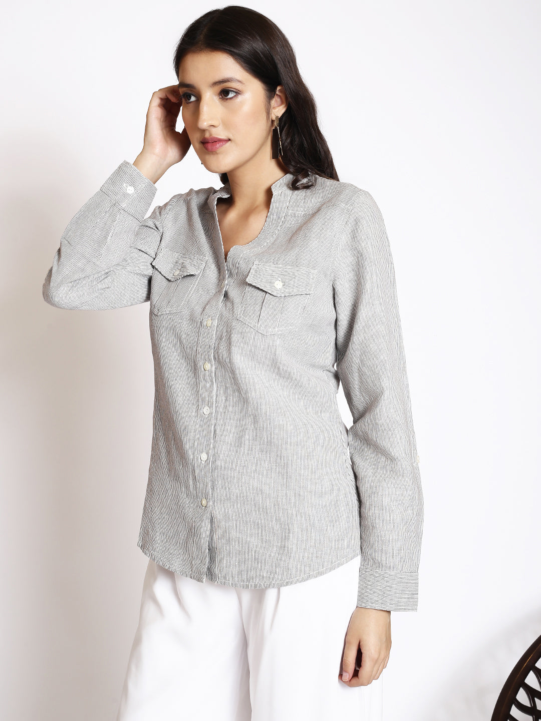 Pinstriped Mandarin Collar Cotton Casual Shirt