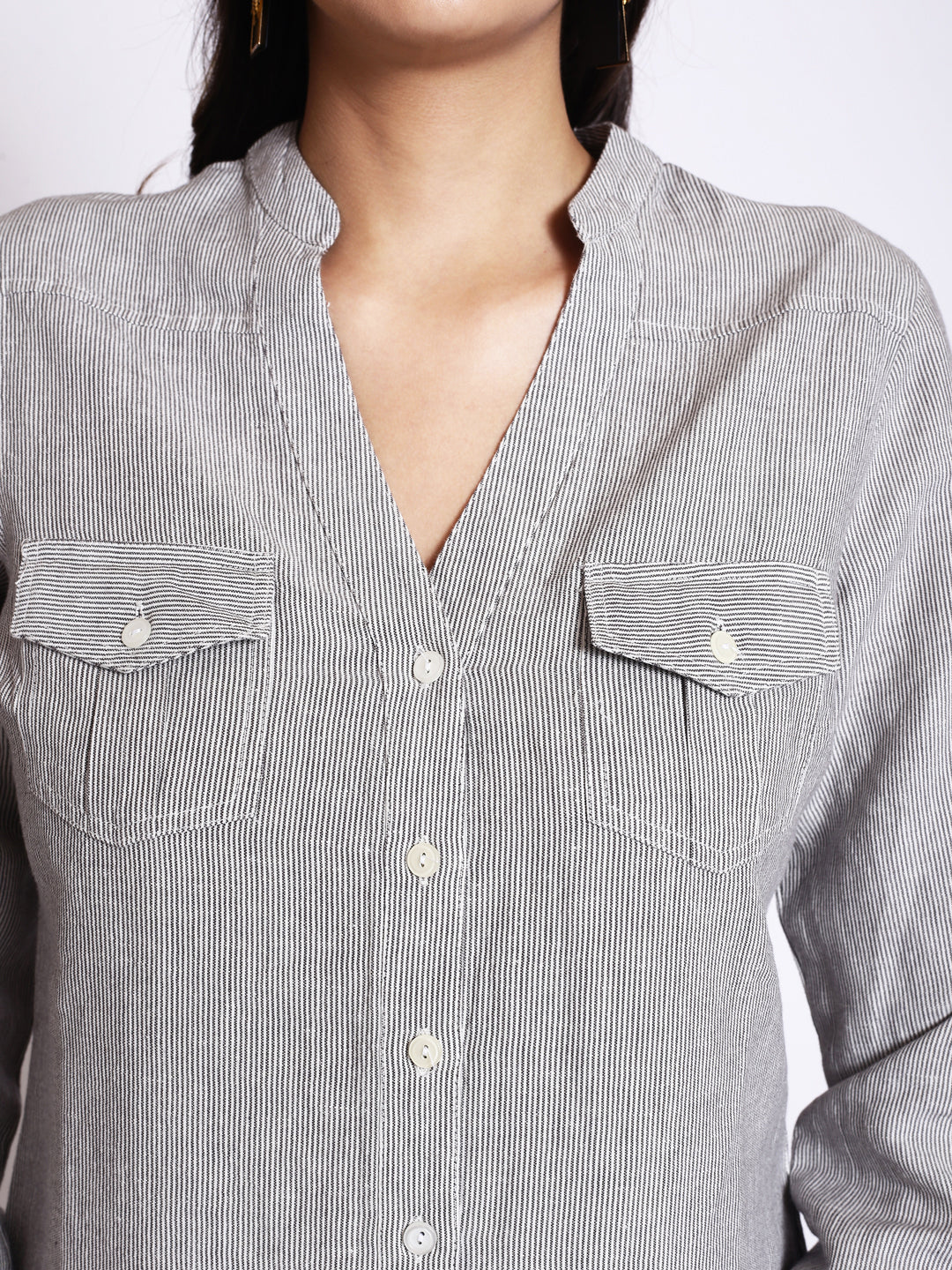 Pinstriped Mandarin Collar Cotton Casual Shirt