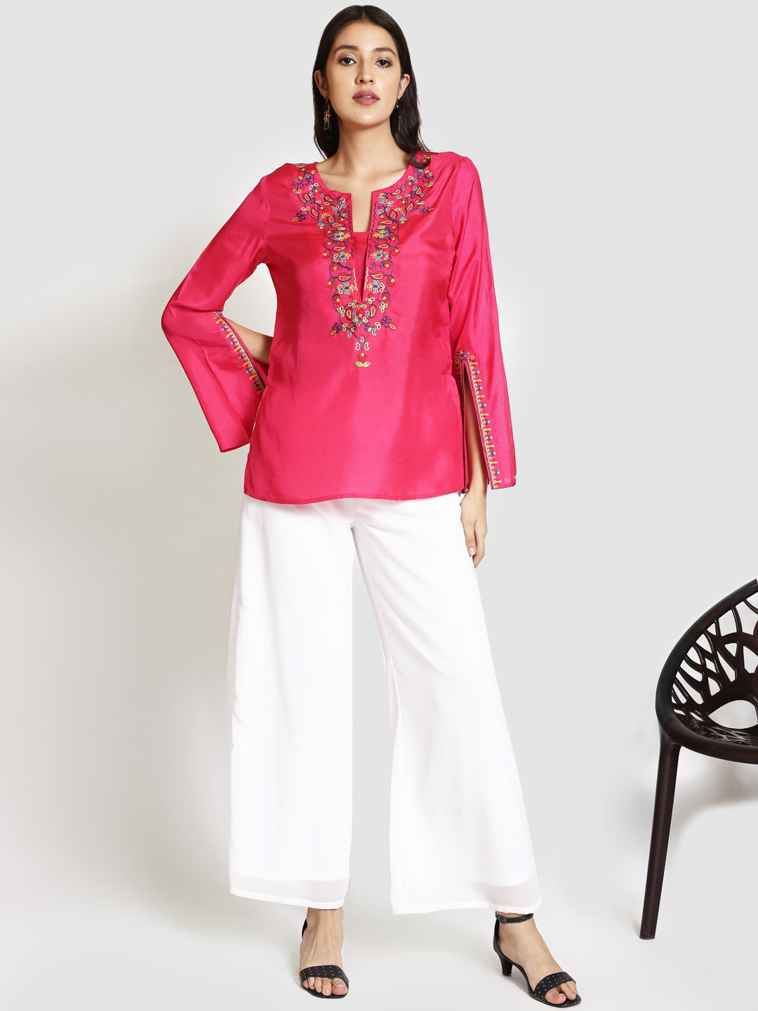 Floral Embroidered Slit Sleeve Pure Silk Top