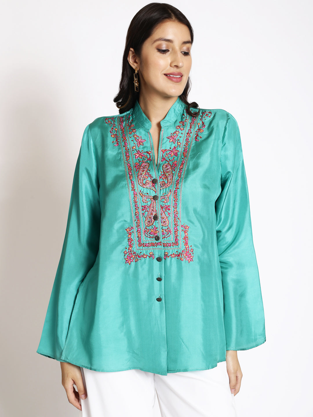 Ethnic Motifs Embroidered Mandarin Collar Tunic