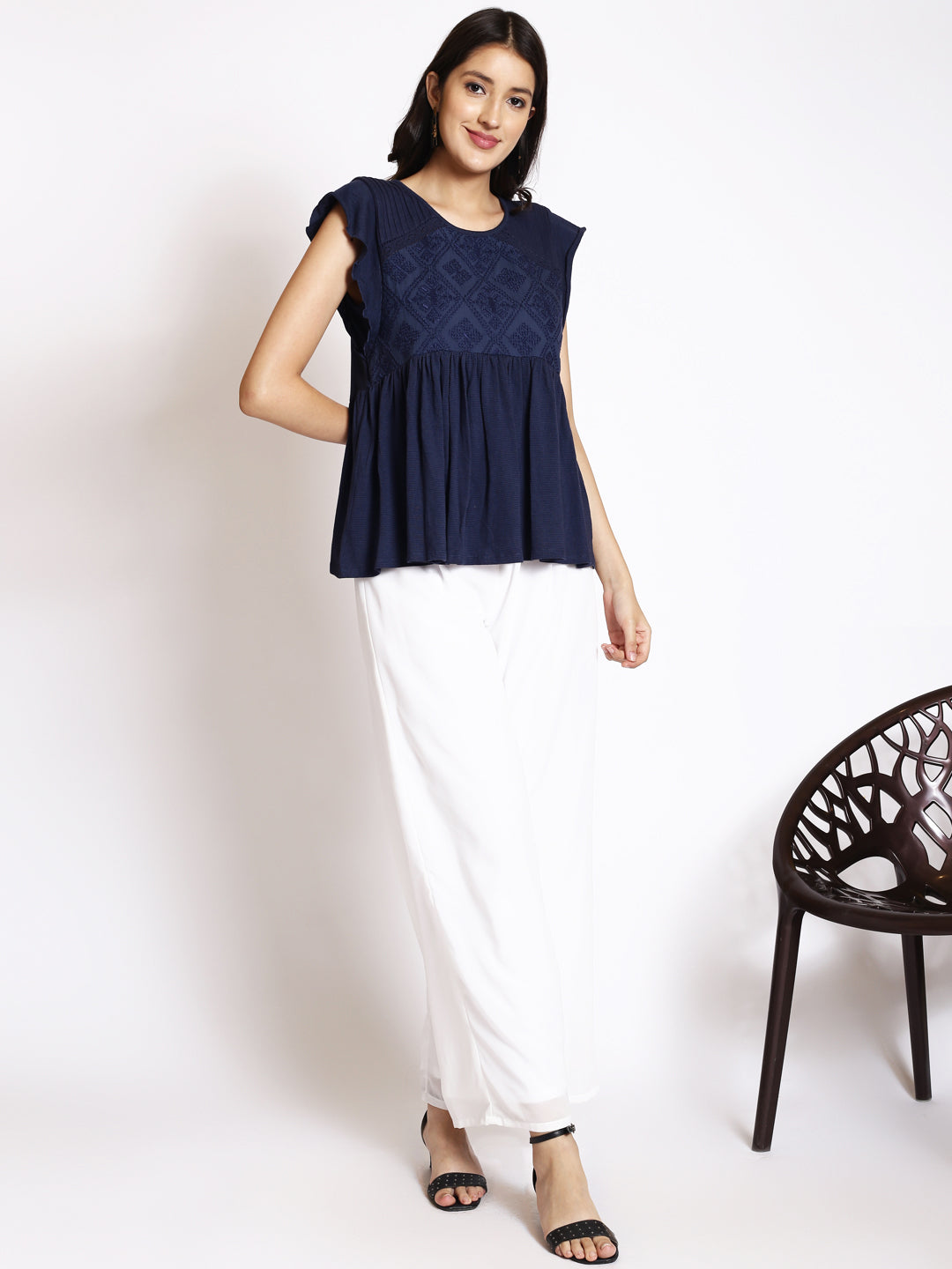 Ethnic Motifs Embroidered Gathered A-Line Top