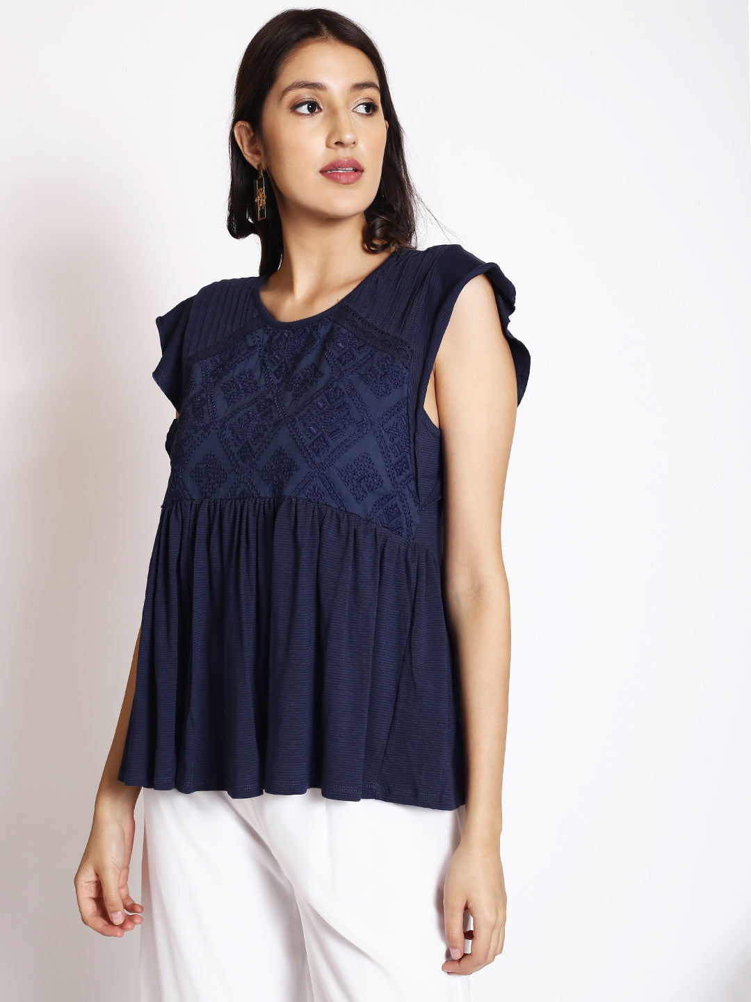 Ethnic Motifs Embroidered Gathered A-Line Top