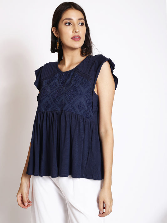 Ethnic Motifs Embroidered Gathered A-Line Top