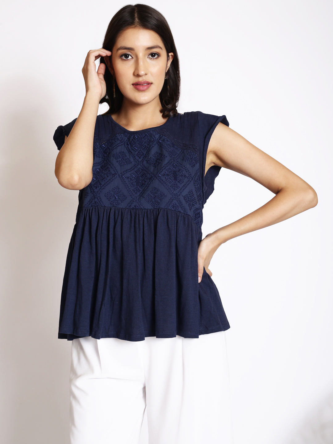 Ethnic Motifs Embroidered Gathered A-Line Top