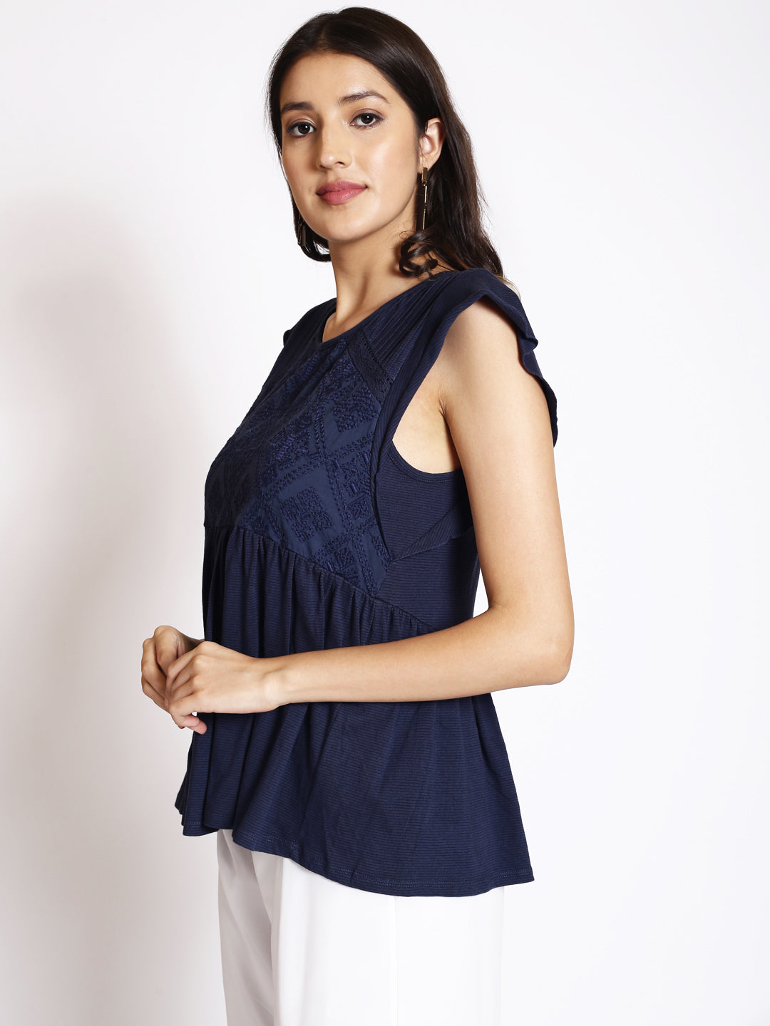 Ethnic Motifs Embroidered Gathered A-Line Top