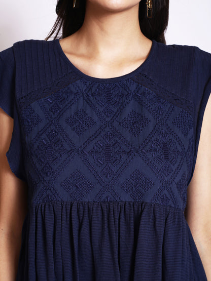 Ethnic Motifs Embroidered Gathered A-Line Top