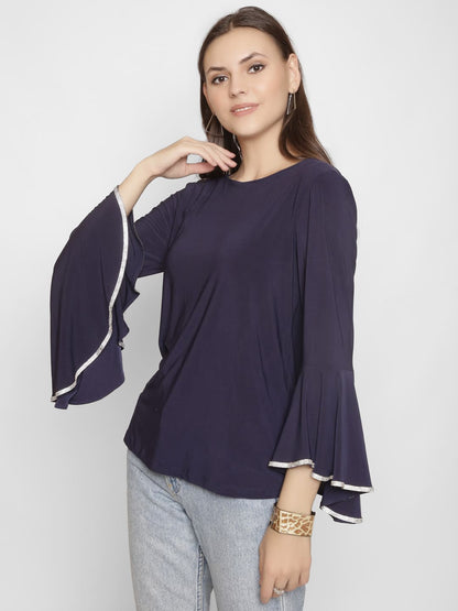 Navy Embellished  Flared Sleeve Top