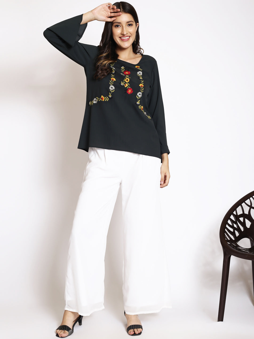 Floral Embroidered Bell Sleeve Georgette Top