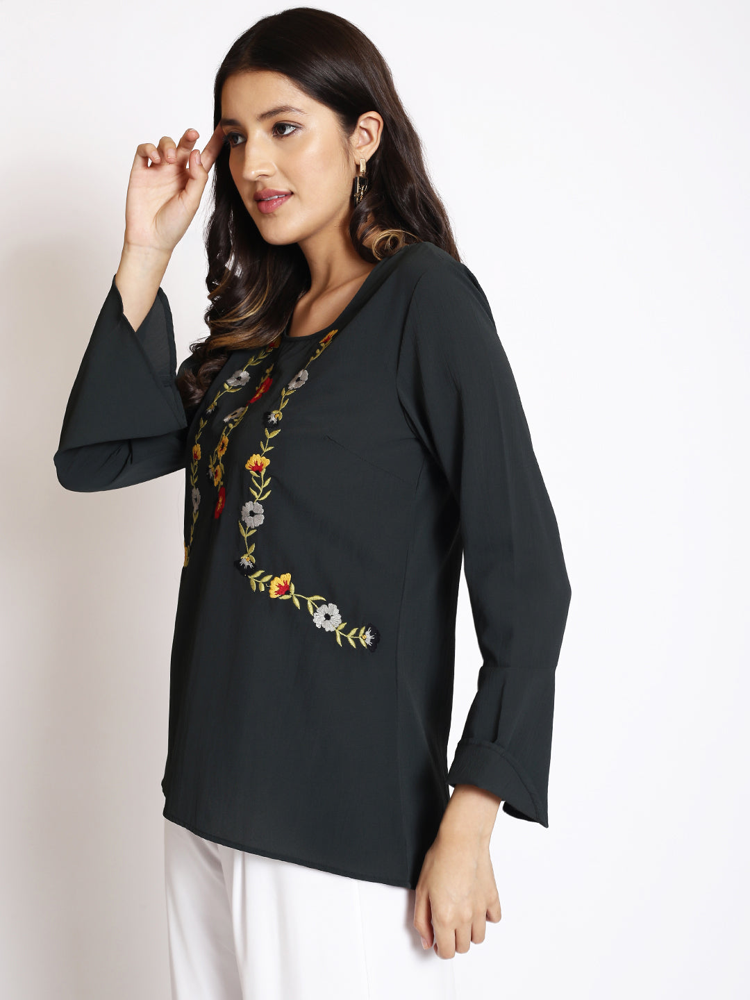 Floral Embroidered Bell Sleeve Georgette Top
