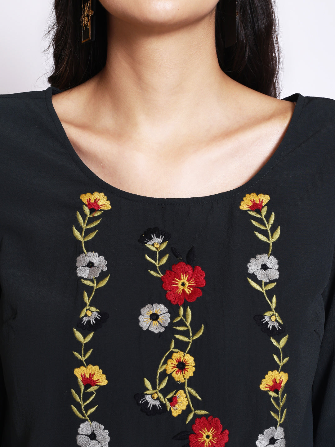 Floral Embroidered Bell Sleeve Georgette Top