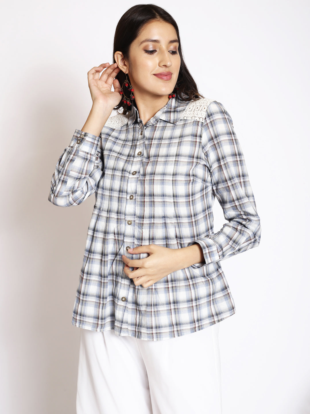 Tartan Checked Lace Cotton Casual Shirt